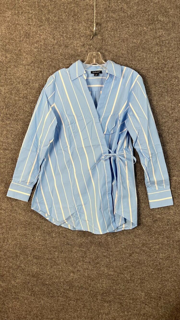 Studio Park Wrap Shirt Womens Small Blue Striped Collared Office Long Sleeve